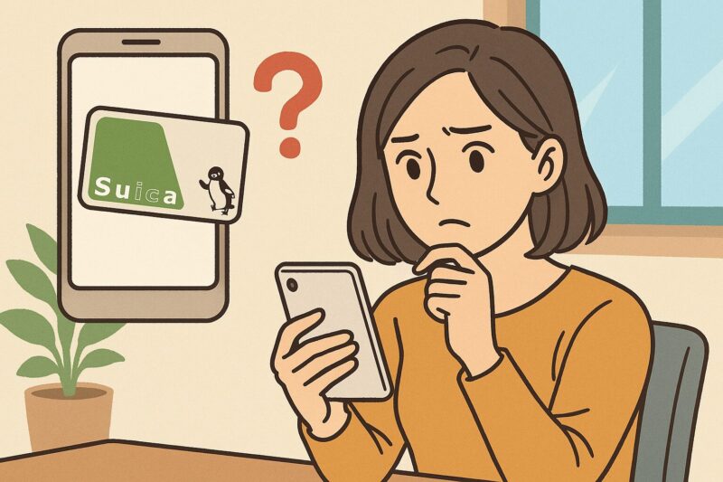 スマホでSuicaが消えて不安そうに確認する若い女性のイラスト