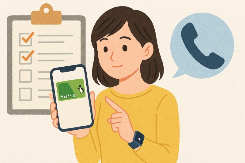 Suicaの復旧手順をスマホで確認しながら安心して操作する日本人女性のイラスト