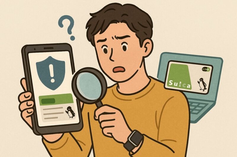 スマホでSuicaの不正利用を調べる日本人男性のイラスト。虫眼鏡で確認する姿が印象的