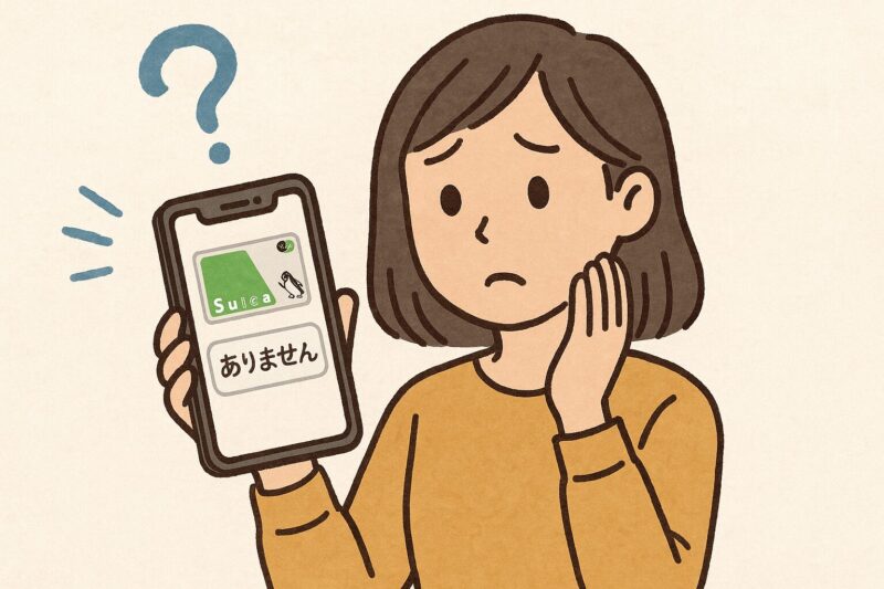 スマホに「ありません」と表示されたSuicaカードを見て戸惑う日本人女性のイラスト