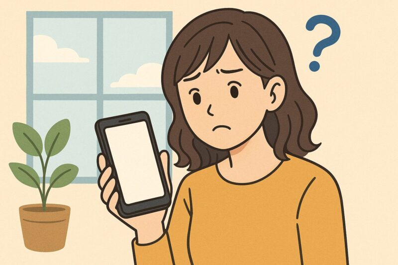 Suicaが表示されないスマホを見つめ、困惑する女性のイラスト