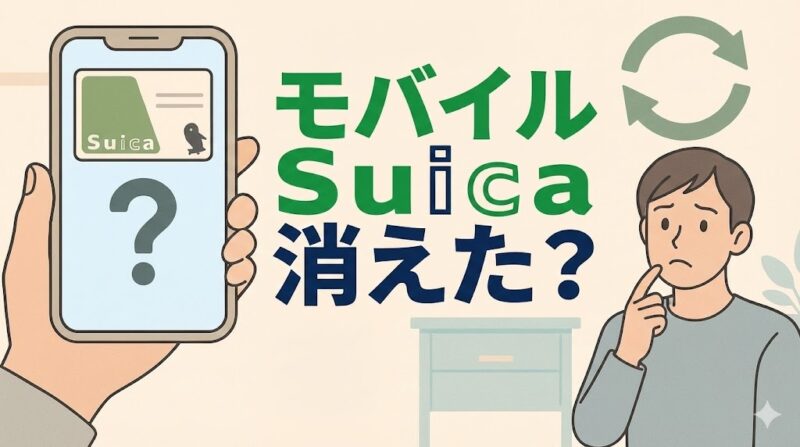 スマホ画面のSuicaが消えて困惑する男性と復元を示す矢印マークのイラスト