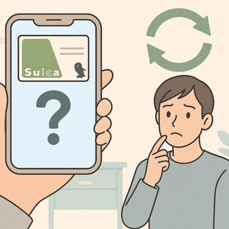 スマホ画面のSuicaが消えて困惑する男性と復元を示す矢印マークのイラスト