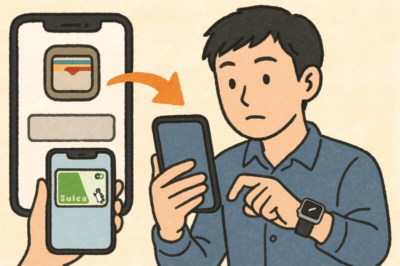 Apple WatchとiPhoneを使ってSuicaカードを復元しようとする日本人男性のイラスト