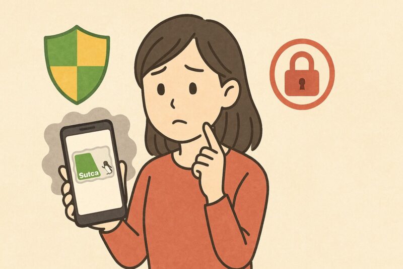 スマホに表示されたSuicaの消失に不安そうな表情を浮かべる若い日本人女性のイラスト