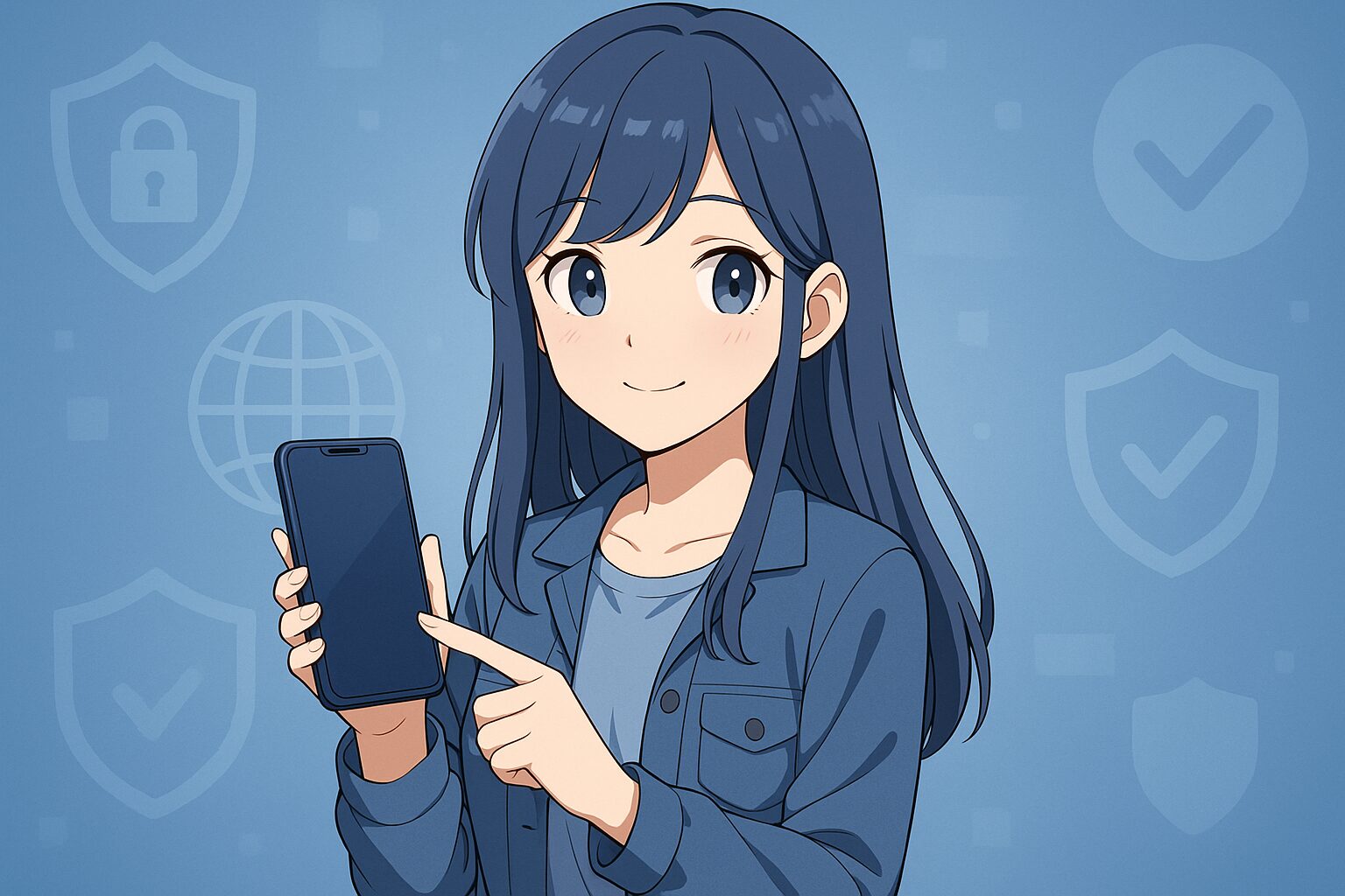 スマホを持って指差すアニメ風の女性キャラクター。背景にはセキュリティアイコンが描かれており、信頼できるサイト紹介をイメージ