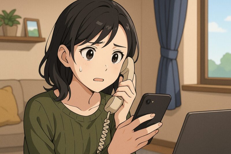 スマホと固定電話を手に焦りながらカスタマーサポートに連絡する20代日本人女性のアニメ風イラスト
