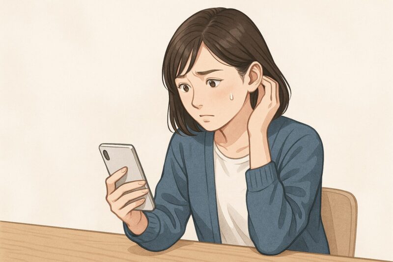 スマートフォンの画面を見ながら不安そうな表情を浮かべる若い日本人女性のリアルイラスト風画像