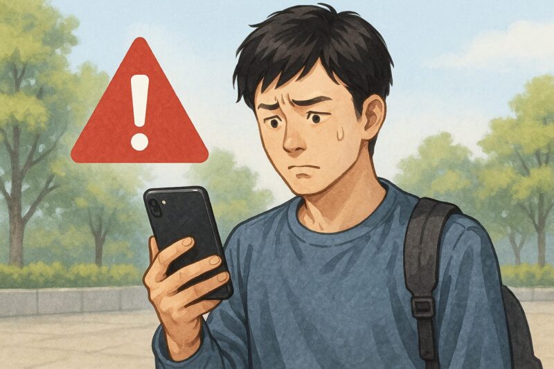 スマートフォンの画面に警告マークが浮かび上がり、外で確認する若い日本人男性のリアルイラスト風画像