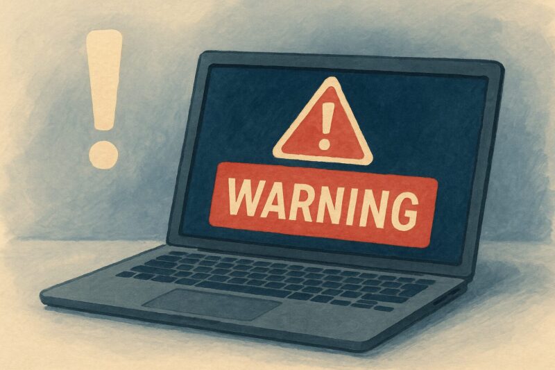 アルイラスト風のノートパソコン画面に繰り返し表示される赤い警告マークと感嘆符のイラスト
