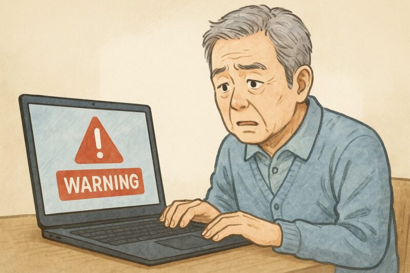 ノートパソコンの警告マークに戸惑う高齢の日本人男性のリアルイラスト風画像