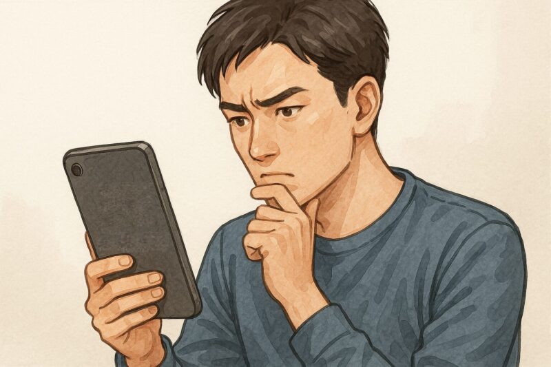 スマートフォンの警告マークを見て不安げな表情を浮かべる若い日本人男性のリアルイラスト風画像