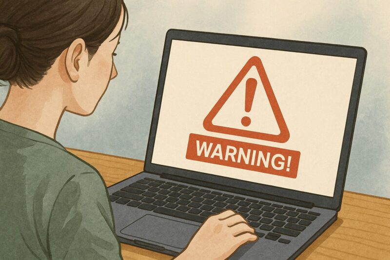 ノートパソコンに赤い警告が表示され、操作しようとする若い日本人女性を描いたリアルイラスト風画像