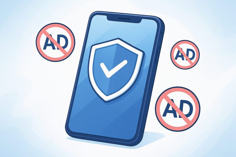 アニメ風タッチで描かれた青いスマートフォンの画面に盾アイコン、周囲に「AD」禁止マークが浮かぶ広告ブロックのイメージ