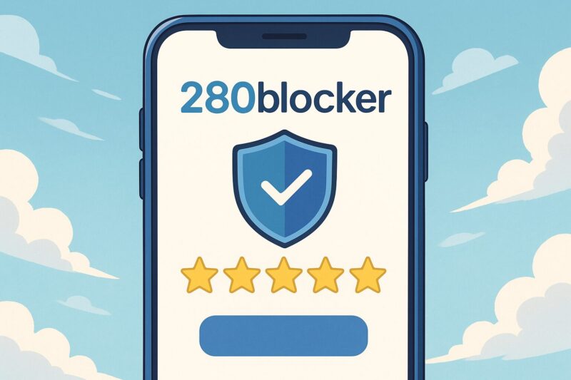 アニメ風のスマートフォン画面に280blockerロゴと盾アイコン、下部に五つ星評価が並び、青空背景で公式の高評価を示すイメージ