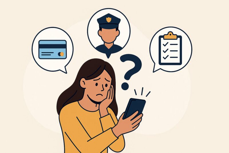 スマホを見て詐欺被害に気づいて戸惑う女性と、クレジットカード・警察官・チェックリストを示す3つのアイコンを描いた16:9イラスト