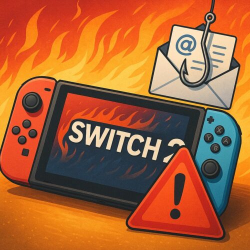 熱狂的に炎が燃える背景にNintendo Switch 2本体が置かれ、上部には釣り針付きメールアイコン、下には赤い警告三角形が重なる4:3イラストでフィッシング詐欺の危険を示す