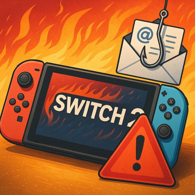 熱狂的に炎が燃える背景にNintendo Switch 2本体が置かれ、上部には釣り針付きメールアイコン、下には赤い警告三角形が重なる4:3イラストでフィッシング詐欺の危険を示す