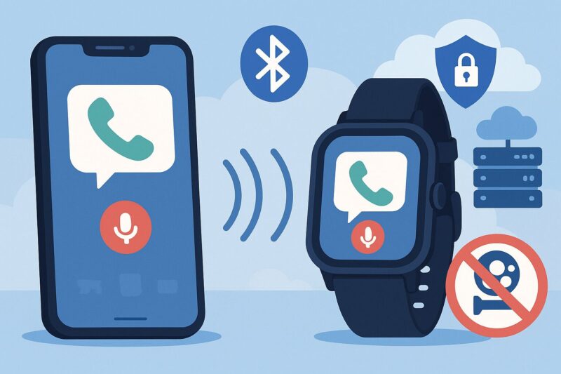 アニメ風のスマホとスマートウォッチがBluetoothで通話転送し、盾と鍵のアイコン、録音禁止マークで録音非搭載とプライバシー配慮を示す人物なしの図