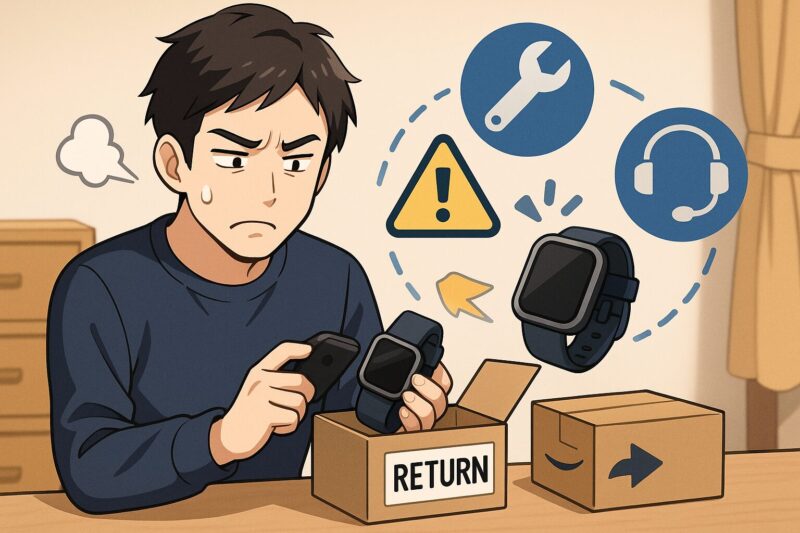 日本人男性が起動しないスマートウォッチを手に取り、返品箱と警告・レンチ・サポートのアイコンが浮かぶ。初期不良とサポート対応の不安を象徴する構図