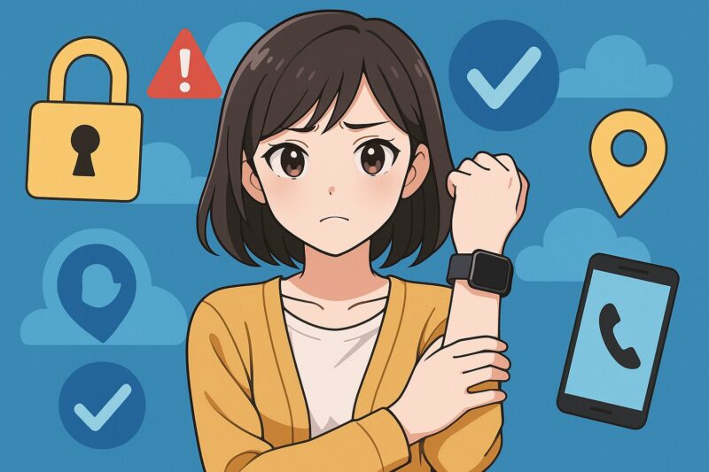 アニメ風の日本人女性がスマートウォッチを見つめ、不安げな表情。背景に鍵・GPS・チェックなどのアイコンが浮かび、プライバシーと安全性の要点を示す情景