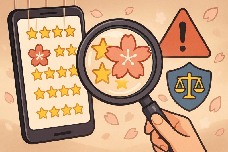 スマホのレビュー画面を拡大鏡でチェックし、桜の花と星評価、警告マークと盾アイコンでサクラレビューの見極めと信頼性を示す人物なし構図