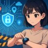 ：アニメ風の日本人女性がスマートウォッチを見つめる。周囲に鍵やGPSなどのアイコンが浮かび、プライバシーと安全性への不安を示す情景