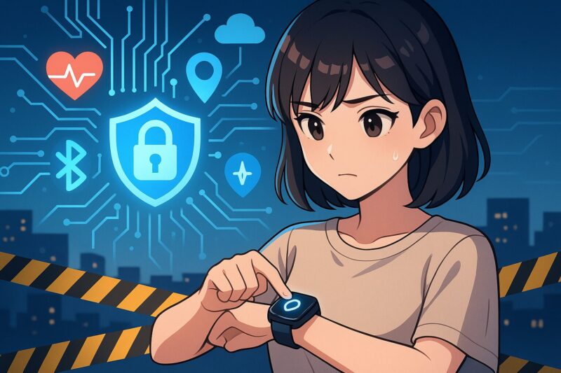 ：アニメ風の日本人女性がスマートウォッチを見つめる。周囲に鍵やGPSなどのアイコンが浮かび、プライバシーと安全性への不安を示す情景