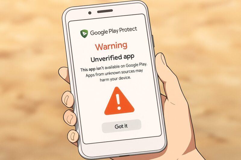 アニメ風の手が白いAndroidスマートフォンを持ち、Google Play Protectの「Warning — Unverified app」画面に赤い警告アイコンが表示され、非公式APKの危険性を示す