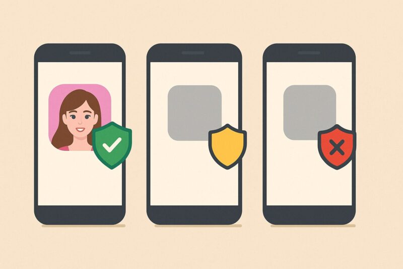 三台のスマホに緑黄赤のシールドが付き、左端アプリだけ緑チェックで高い安全性を示す比較イラスト