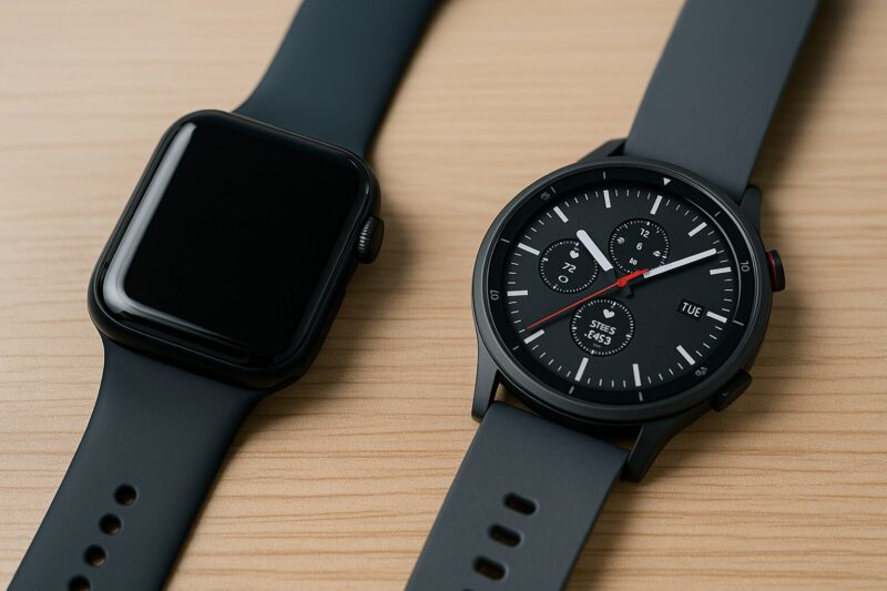 木製テーブル上で四角型のApple Watchと丸型の他社スマートウォッチを並べて比較しているクローズアップ