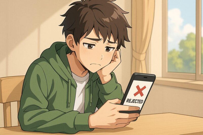 窓辺のテーブルでスマホ画面の「REJECTED」表示を見て落ち込む若い男性を描いたアニメ風イラスト。atone審査落ち後の注意点を示唆