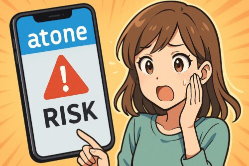 驚く若い女性がスマホ画面の「atone」「RISK」警告を指差すアニメ風アイキャッチ。後払いサービスの危険性を直感的に伝える。