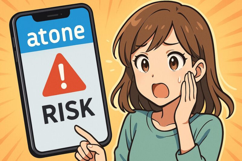 驚く若い女性がスマホ画面の「atone」「RISK」警告を指差すアニメ風アイキャッチ。後払いサービスの危険性を直感的に伝える。
