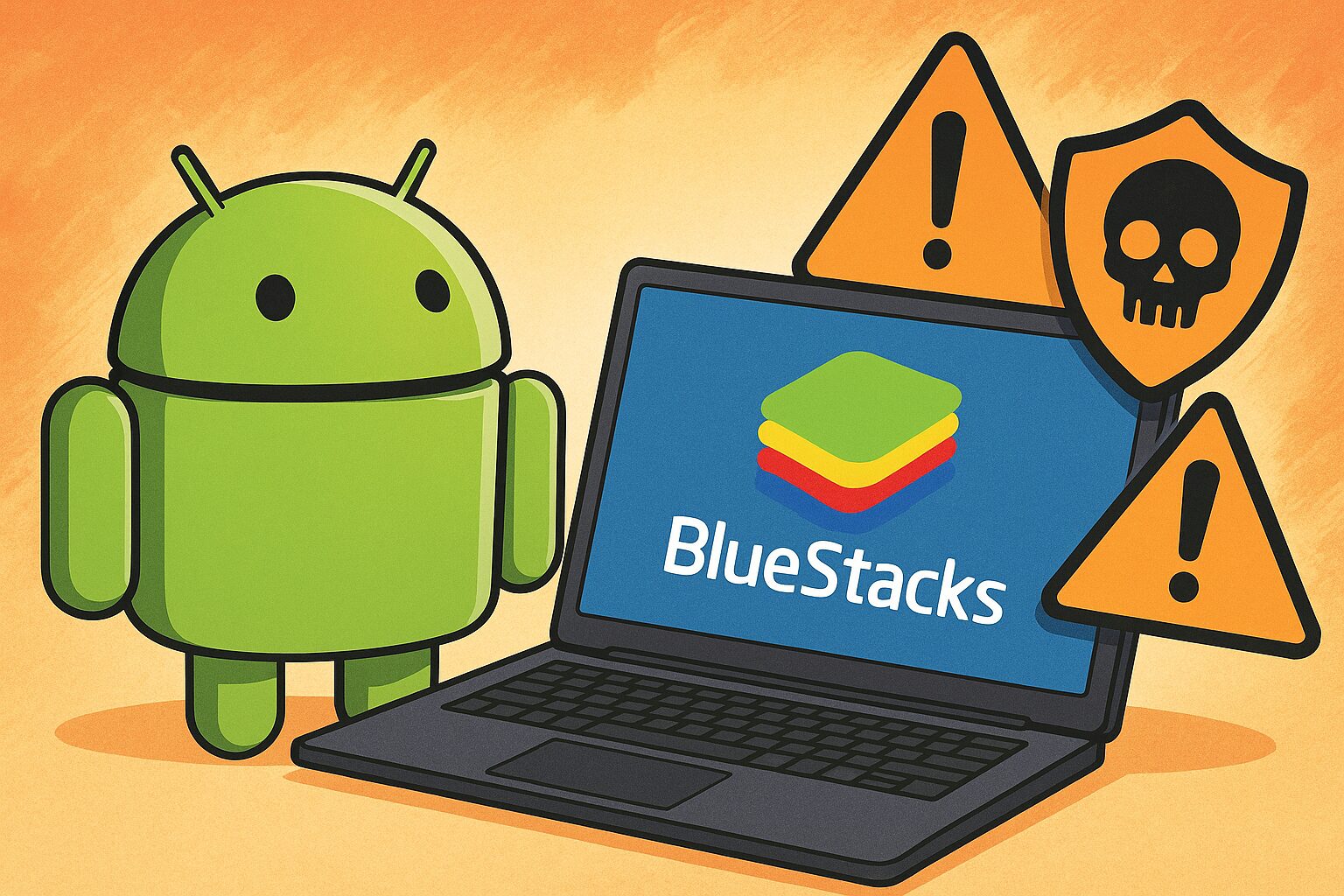 アニメ風のAndroidマスコットがBlueStacksロゴを表示するノートPCと並び、警告アイコンが危険性を示す4:3のアイキャッチ画像