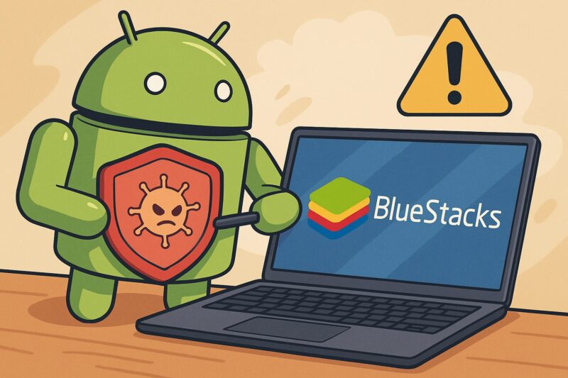 アニメ風イラストのAndroidロボットがウイルス警告シールドを掲げ、BlueStacksロゴを映すノートPCをスキャンしている場面