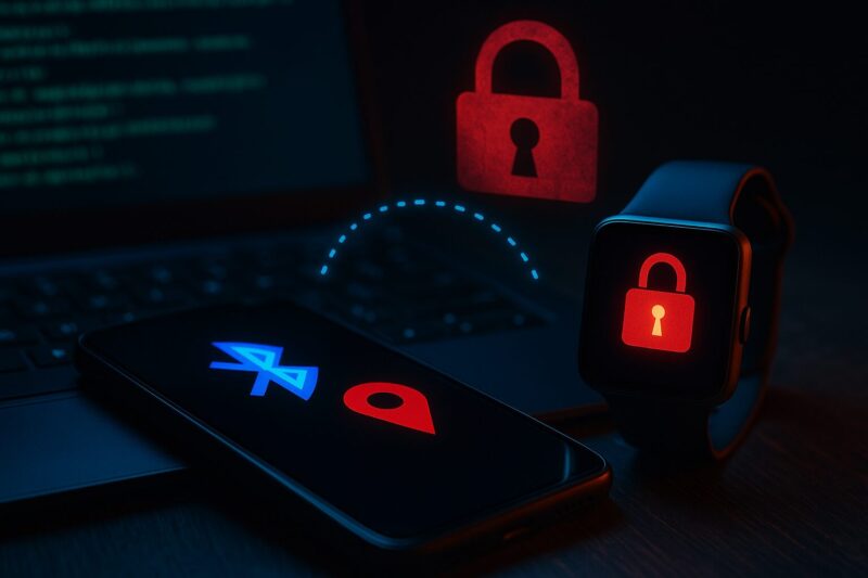 スマートフォンとスマートウォッチ間のBluetooth接続がハッキング対象となる様子を示す赤い錠前と位置情報アイコン