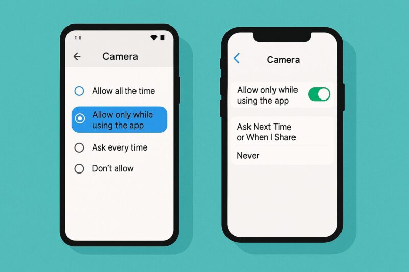 AndroidとiOSのカメラ権限画面を並べ「使用中のみ許可」を選択した状態を示すフラットデザイン図