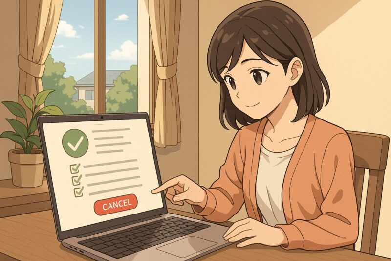 自宅でノートPCの「CANCEL」ボタンを指差しながらチェックリストを確認する若い女性のアニメ風イラスト。atone解約手続きの要点を象徴