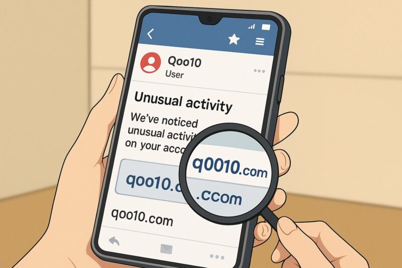 スマホに届いたQoo10を装うフィッシングメールと偽装リンクを拡大するアニメ風イラスト