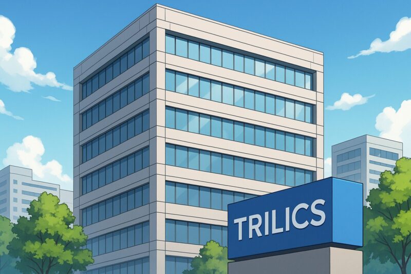 アニメ風ビル街にそびえるモダンなオフィスビル。手前の青い看板に「TRILICS」と表示され、晴天と緑豊かな街並みが上場企業の信頼性を演出する