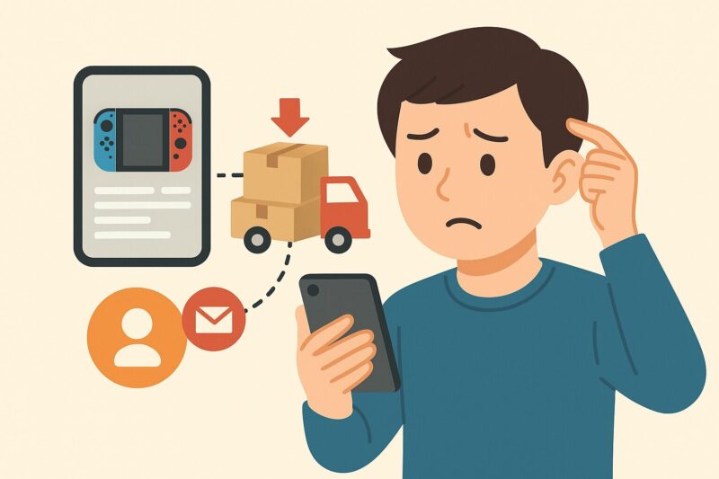 スマートフォンを手に配送方法変更通知を確認し不安げな男性と荷物トラックのイラスト16:9