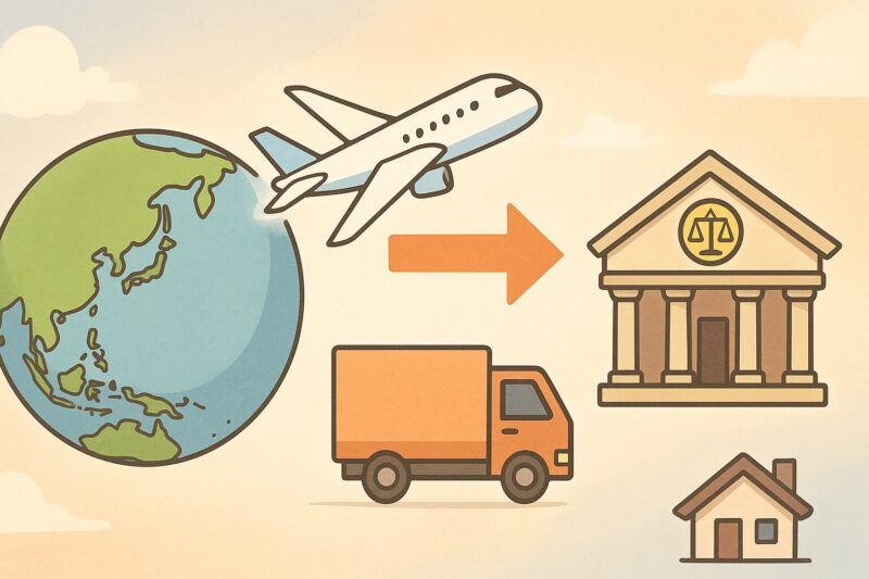 地球から飛行機、税関、配達トラックを順に示す、海外発送から配送までの流れを表すアニメ風イラスト