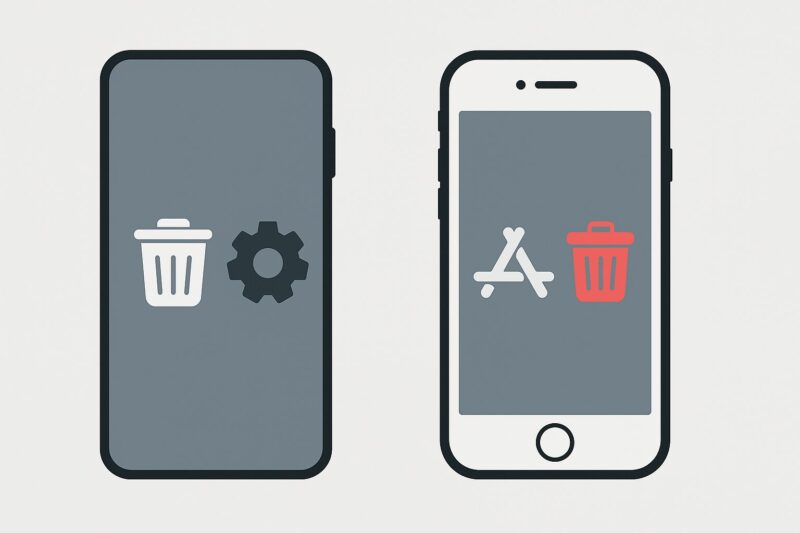 ndroidスマホに削除アイコンと設定ギア、iPhoneにApp削除マークとゴミ箱を示したシンプルな手順イラスト