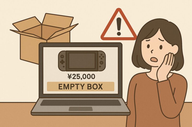 オンラインフリマでゲーム機の空き箱を高額で購入してしまい驚く女性を描いた16:9イラスト