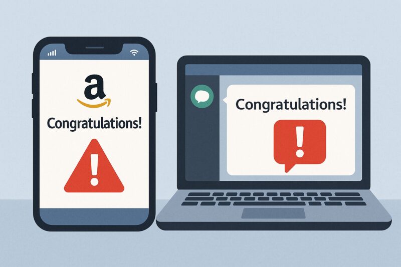スマートフォンとノートパソコンにAmazonとLINEを装った当選通知が表示され、赤い警告アイコンが目立つ