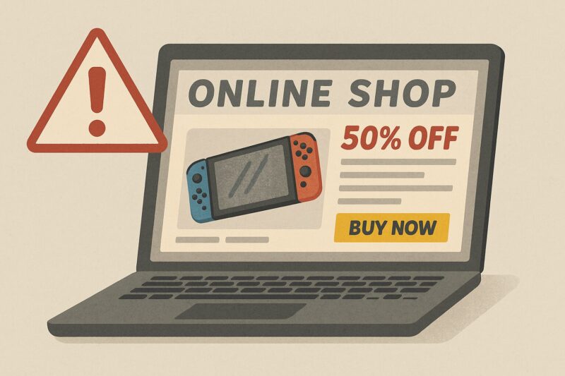 オンラインショップ画面に50%OFFと表示された携帯ゲーム機と赤い警告アイコンを示す16:9イラストで即納詐欺サイトの危険性を表現