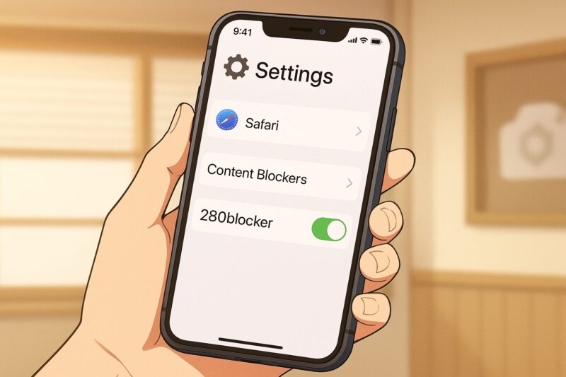 アニメ風の手がiPhoneを持ち、設定アプリ画面の「Safari→Content Blockers」で280blockerトグルが緑色でオンになっている様子を示し、設定手順を視覚化
