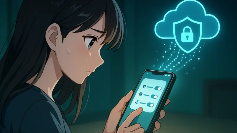 夜の室内でスマホの権限トグルを確認する女性。光の粒がクラウドと鍵付きシールドへ流れるアニメ風イラスト。個人データ流出の不安を示唆