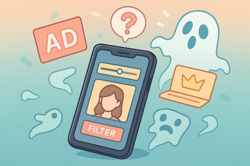 スマホ画面にFILTERボタンとユーザーアイコンを表示。周囲に広告バナー、ゴーストアイコン、警告サイン、ロックマークが漂うアニメ風イラスト